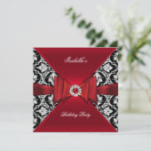 Elegant Birthday Party Damask Red Black Diamond Kaart (Staand voorkant)