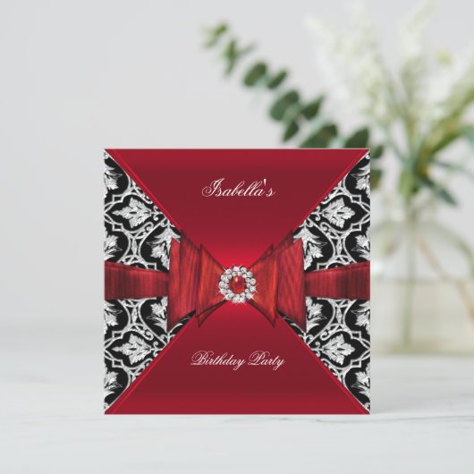 Elegant Birthday Party Damask Red Black Diamond Kaart (Staand voorkant)