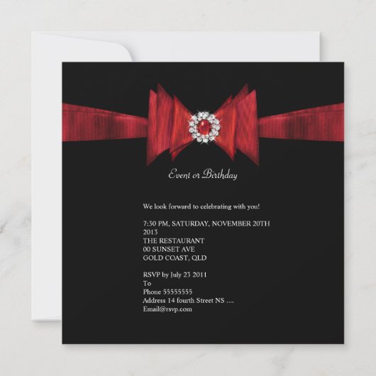 Elegant Birthday Party Damask Red Black Diamond Kaart (Achterkant)