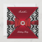 Elegant Birthday Party Damask Red Black Diamond Kaart (Voorkant)