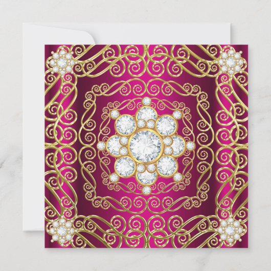 Elegant Birthday Party Deep Pink Gold Diamond Gem Kaart (Achterkant)