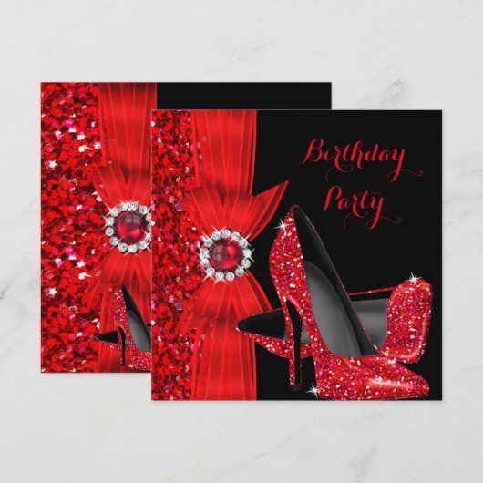 Elegant Birthday Party Glitter Red High Heels Kaart (Voorkant / Achterkant)