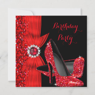 Elegant Birthday Party Glitter Red High Heels Kaart