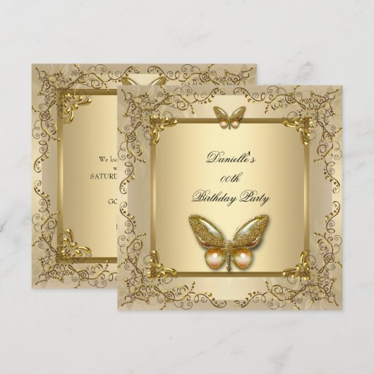 Elegant Birthday Party Gold Beige Butterfly Kaart (Voorkant / Achterkant)