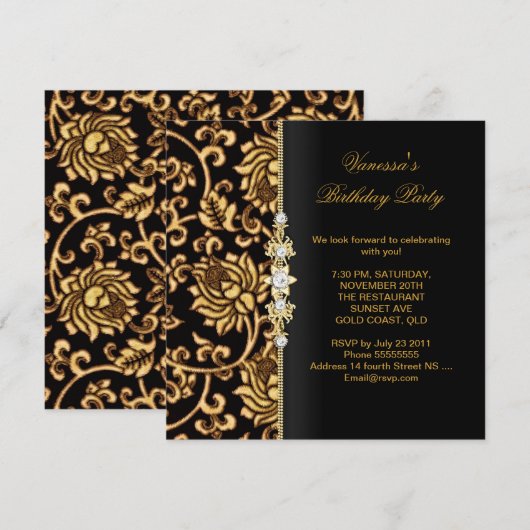 Elegant Birthday Party Gold Black Brocade Kaart (Voorkant / Achterkant)