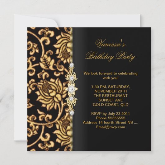Elegant Birthday Party Gold Black Brocade Kaart (Voorkant)