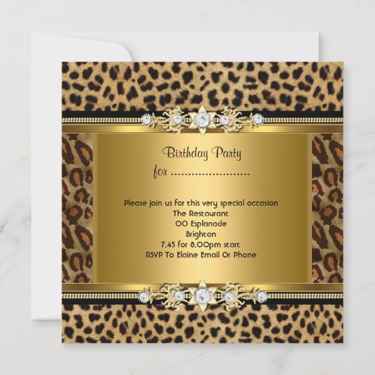 Elegant Birthday Party Gold Black Leopard Kaart (Achterkant)