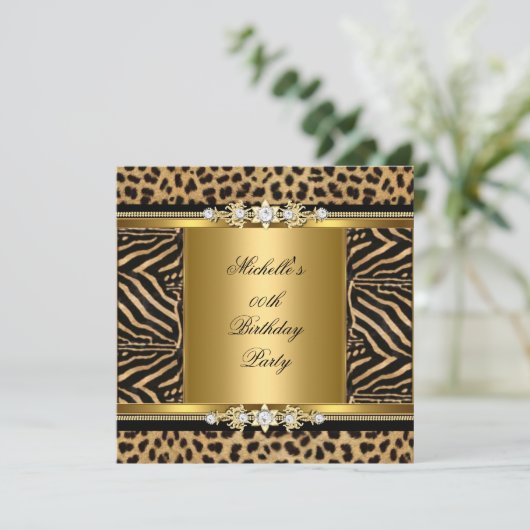 Elegant Birthday Party Gold Black Zebra Leopard Kaart (Staand voorkant)