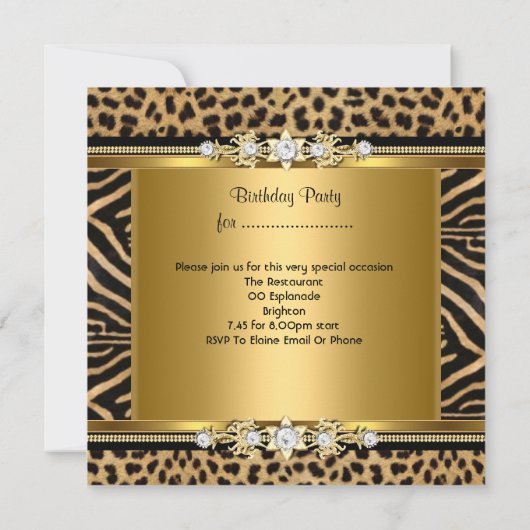 Elegant Birthday Party Gold Black Zebra Leopard Kaart (Achterkant)