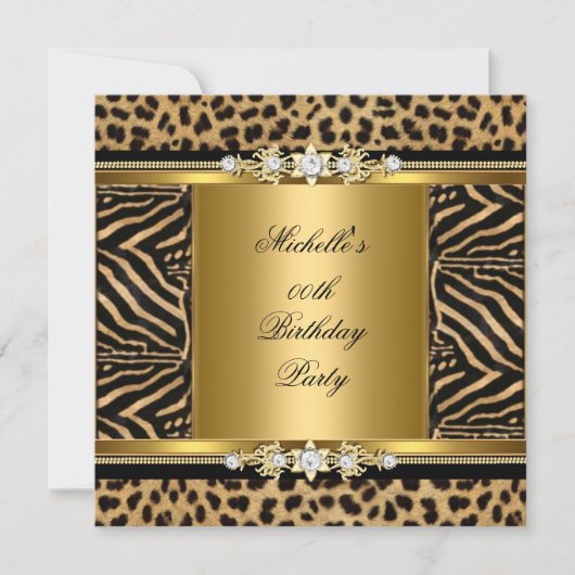 Elegant Birthday Party Gold Black Zebra Leopard Kaart (Voorkant)