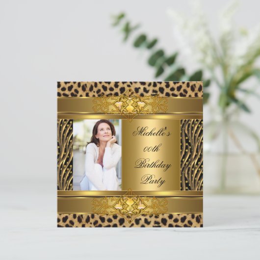 Elegant Birthday Party Gold Black Zebra Leopard Kaart (Staand voorkant)