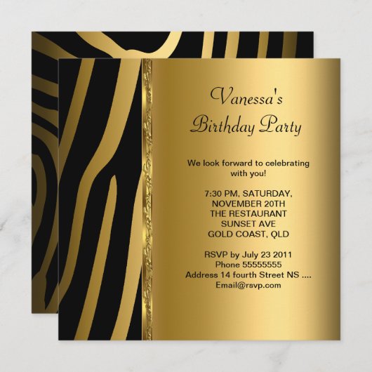 Elegant Birthday Party Gold Black Zebra Stripe Kaart (Voorkant / Achterkant)