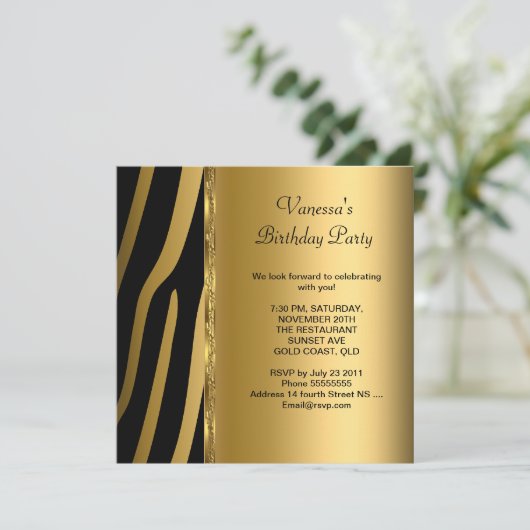 Elegant Birthday Party Gold Black Zebra Stripe Kaart (Staand voorkant)
