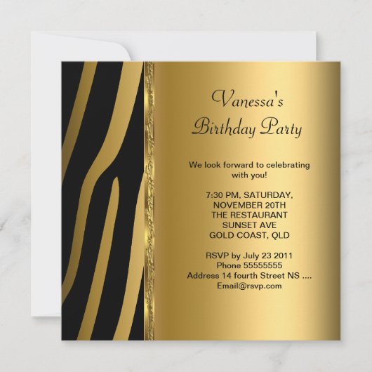 Elegant Birthday Party Gold Black Zebra Stripe Kaart (Voorkant)