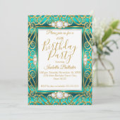 Elegant Birthday Party Gold Blauwgroen Jade Diamon Kaart (Staand voorkant)