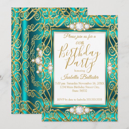 Elegant Birthday Party Gold Blauwgroen Jade Diamon Kaart (Voorkant / Achterkant)