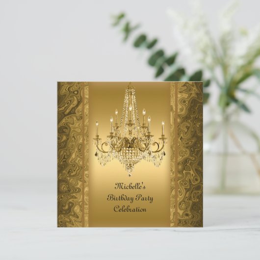 Elegant Birthday Party Gold Chandelier Kaart (Staand voorkant)