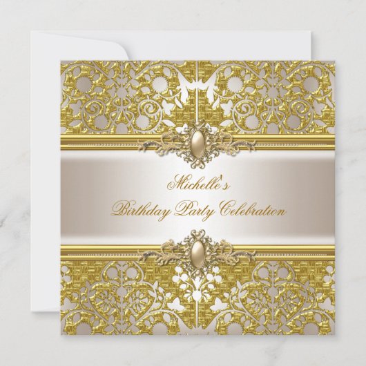 Elegant Birthday Party Gold Damask Cream Gold Kaart (Voorkant)