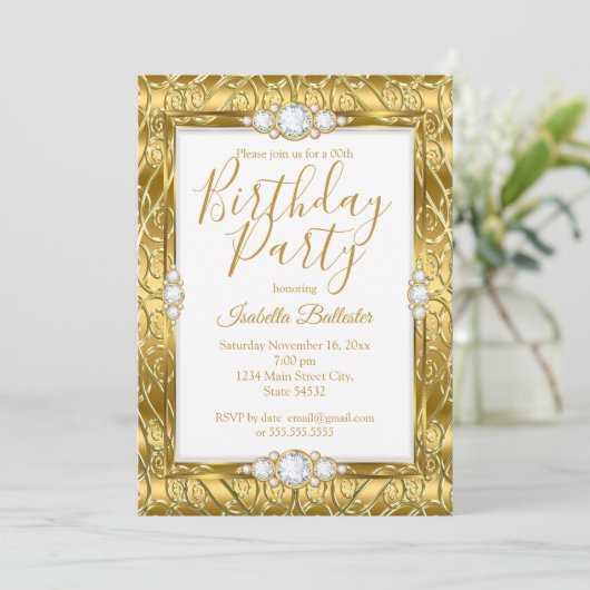 Elegant Birthday Party Gold Diamond Gem Kaart (Staand voorkant)