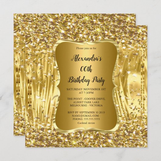 Elegant Birthday Party Gold Glitter Confetti Kaart (Voorkant / Achterkant)