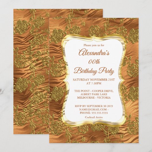 Elegant Birthday Party Gold Rust Copper Damask Kaart (Voorkant / Achterkant)