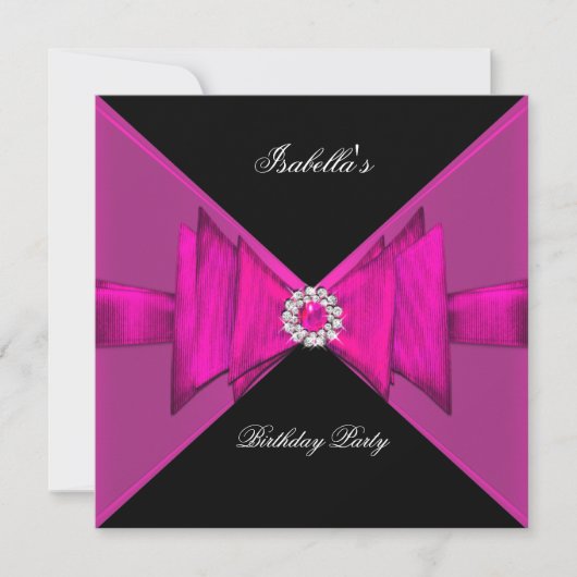 Elegant Birthday Party Hot Pink Black Diamond Kaart (Voorkant)