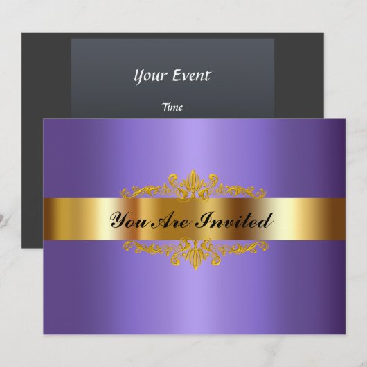 Elegant Birthday Party Invitation Gold Paars Kaart (Voorkant / Achterkant)