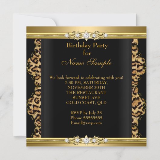 Elegant Birthday Party Leopard Gold Cheetah Kaart (Achterkant)