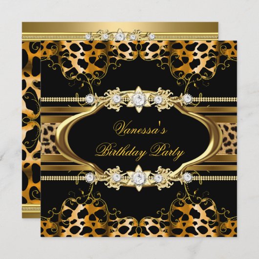 Elegant Birthday Party Leopard Gold Kaart (Voorkant / Achterkant)