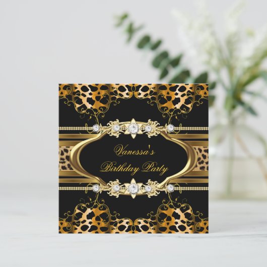 Elegant Birthday Party Leopard Gold Kaart (Staand voorkant)