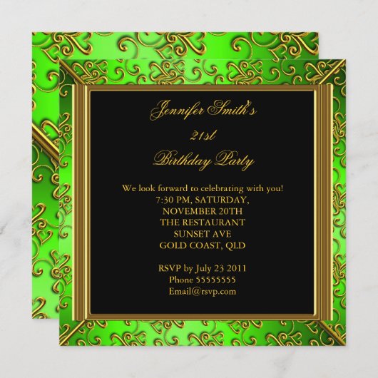 Elegant Birthday Party Lime Green Black Gold Kaart (Voorkant / Achterkant)