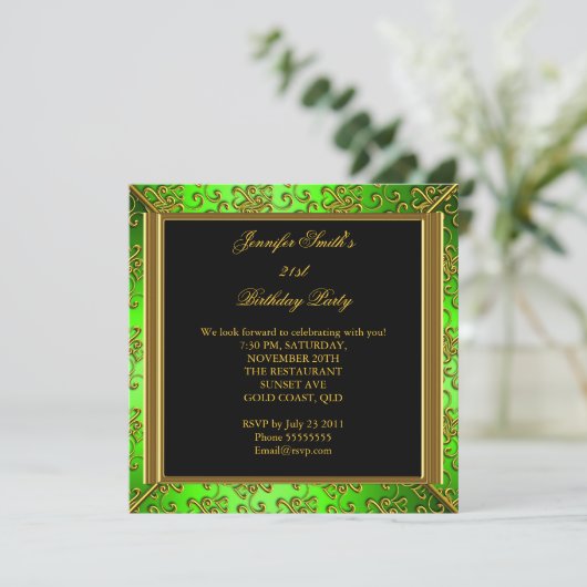 Elegant Birthday Party Lime Green Black Gold Kaart (Staand voorkant)