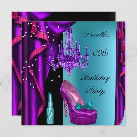 Elegant Birthday Party Paars Blauwgroen zwarte lip Kaart (Voorkant / Achterkant)