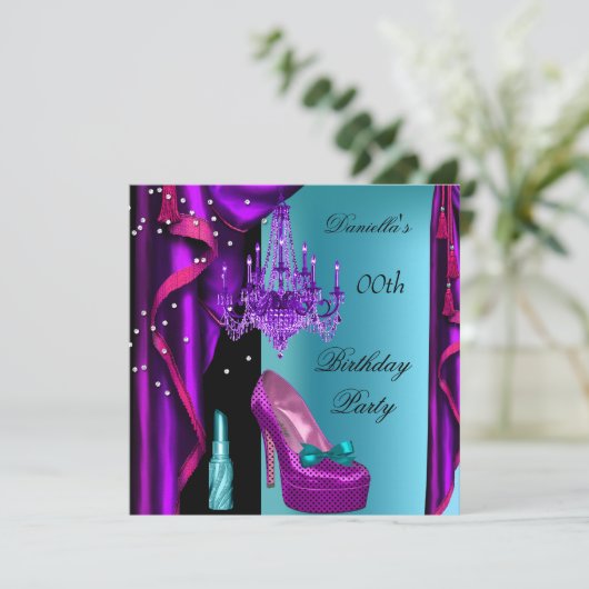 Elegant Birthday Party Paars Blauwgroen zwarte lip Kaart (Staand voorkant)