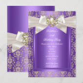 Elegant Birthday Party Paars Damask Pearl Cream Kaart (Voorkant / Achterkant)