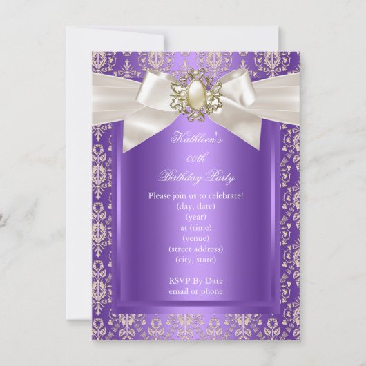 Elegant Birthday Party Paars Damask Pearl Cream Kaart (Voorkant)