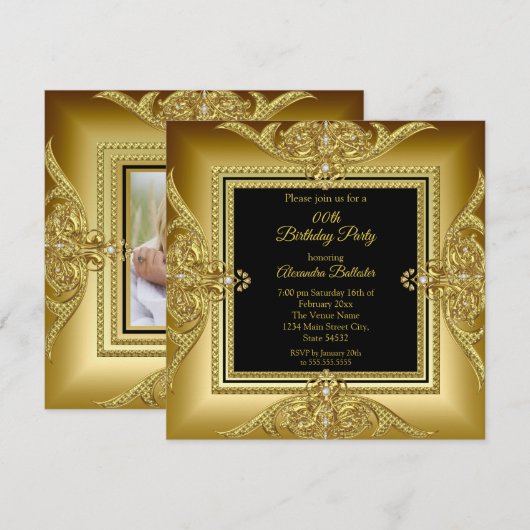 Elegant Birthday Party Photo Black Gold Lijst Kaart (Voorkant / Achterkant)