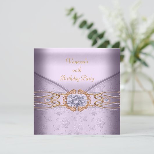 Elegant Birthday Party Pink Lila Lace Gold Kaart (Staand voorkant)