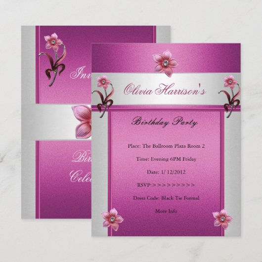 Elegant Birthday Party Pink White Floral Kaart (Voorkant / Achterkant)