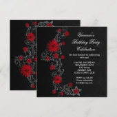 Elegant Birthday Party Red Black Silver Floral Kaart (Voorkant / Achterkant)