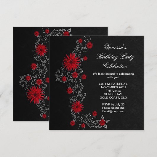 Elegant Birthday Party Red Black Silver Floral Kaart (Voorkant / Achterkant)