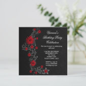 Elegant Birthday Party Red Black Silver Floral Kaart (Staand voorkant)