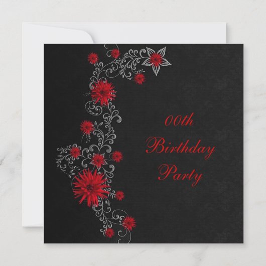 Elegant Birthday Party Red Black Silver Floral Kaart (Achterkant)