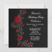 Elegant Birthday Party Red Black Silver Floral Kaart (Voorkant)