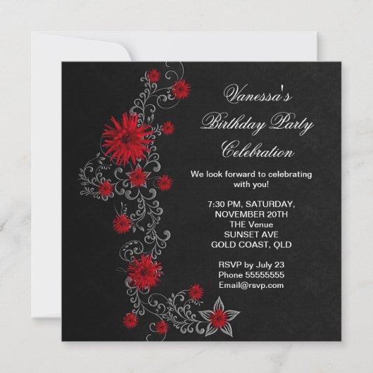 Elegant Birthday Party Red Black Silver Floral Kaart (Voorkant)