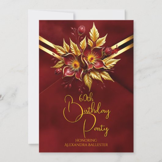 Elegant Birthday Party Red Floral Faux Velvet Gold Kaart (Voorkant)