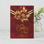 Elegant Birthday Party Red Floral Faux Velvet Gold Kaart (Staand voorkant)