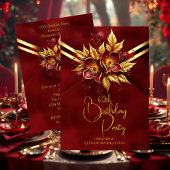Elegant Birthday Party Red Floral Faux Velvet Gold Kaart