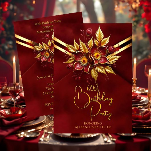 Elegant Birthday Party Red Floral Faux Velvet Gold Kaart