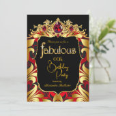 Elegant Birthday Party Red Gold Black Damask Gems Kaart (Staand voorkant)